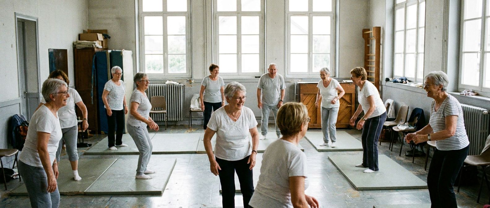 Cours de gymnastique douce pour seniors dans une salle municipale lumineuse