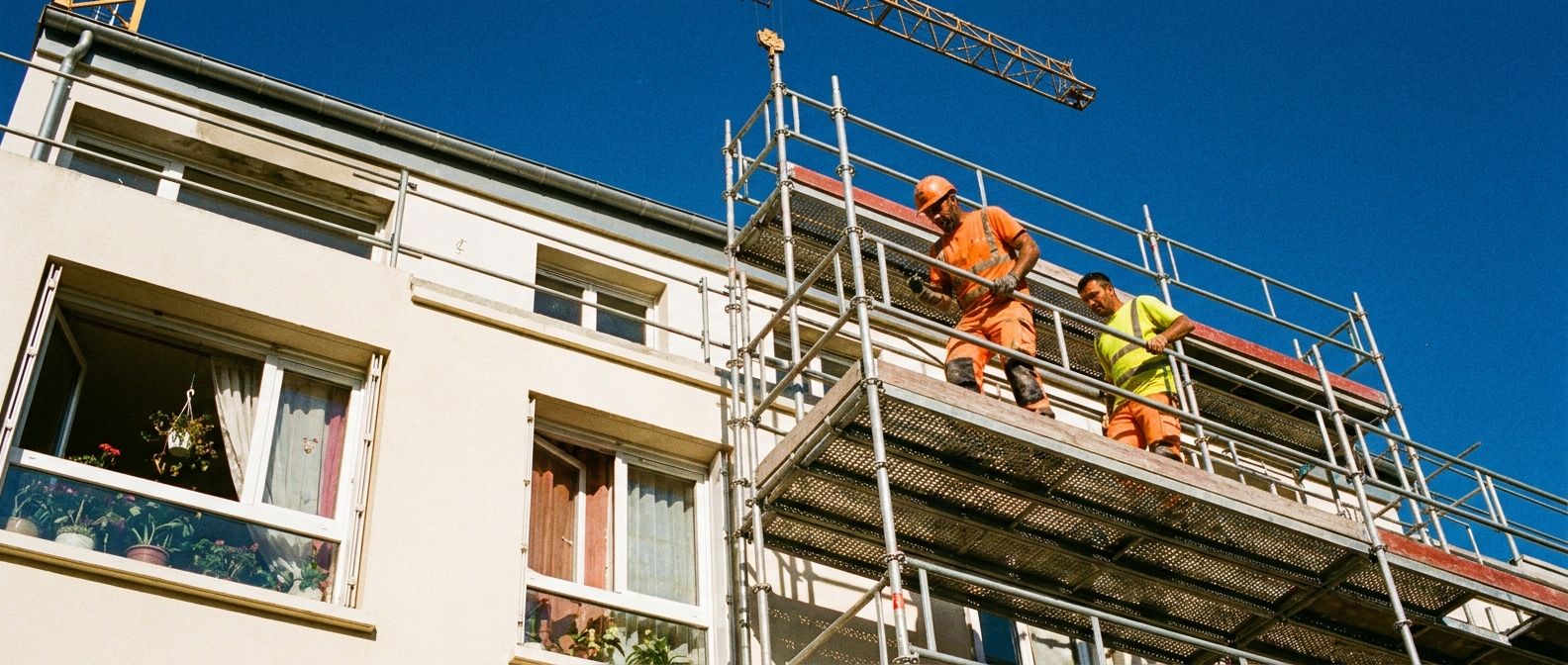 Chantier d’un immeuble résidentiel neuf sous un ciel bleu, deux ouvriers sur l’échafaudage