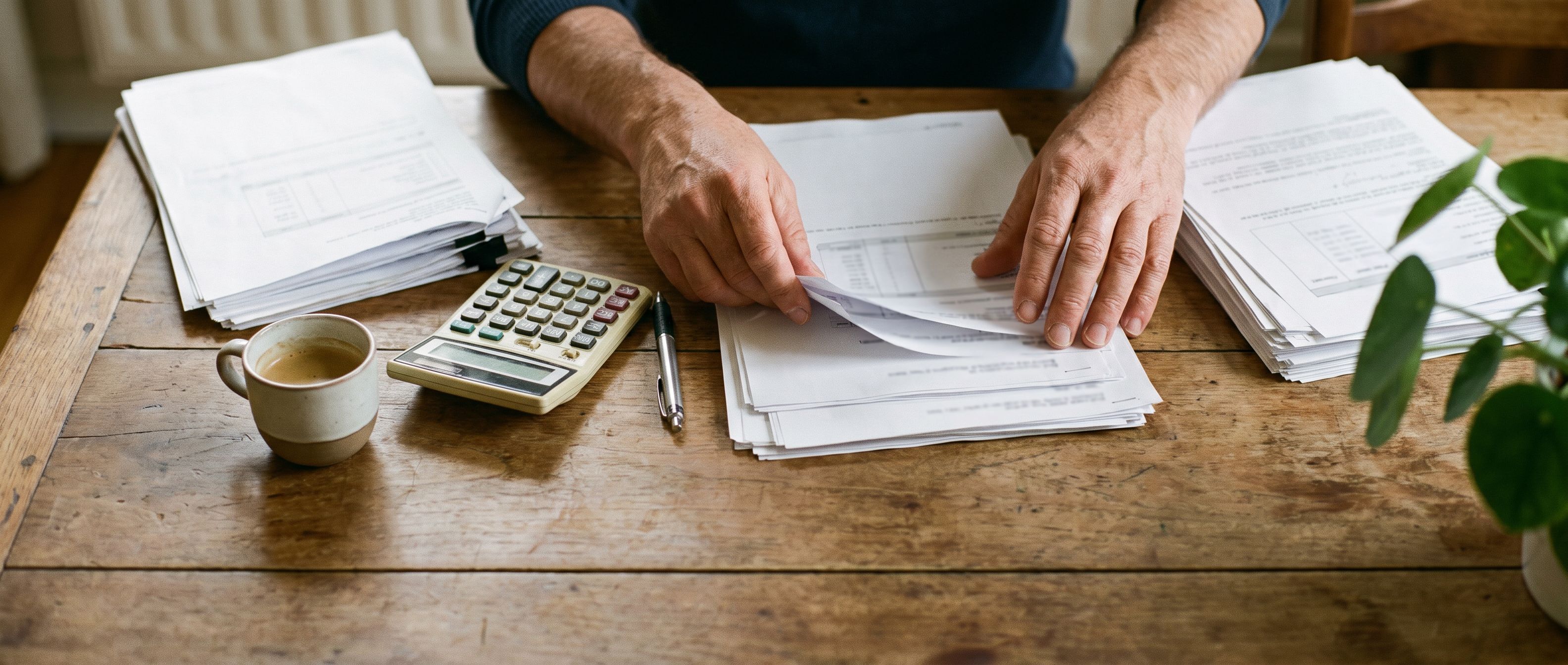Des mains trient des papiers administratifs en piles nettes sur la table d’un bureau à domicile lumineux