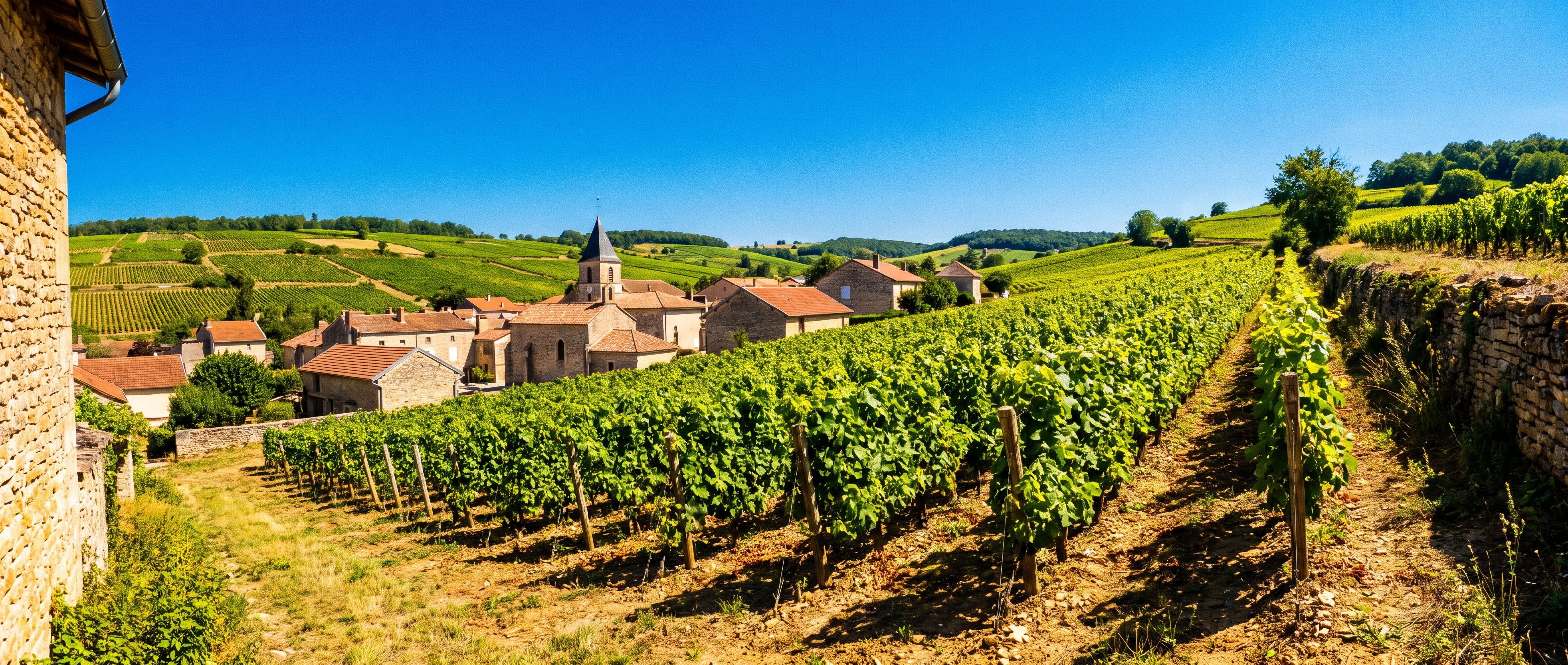Vignoble en coteaux sous un ciel bleu d’été, village en pierre au loin