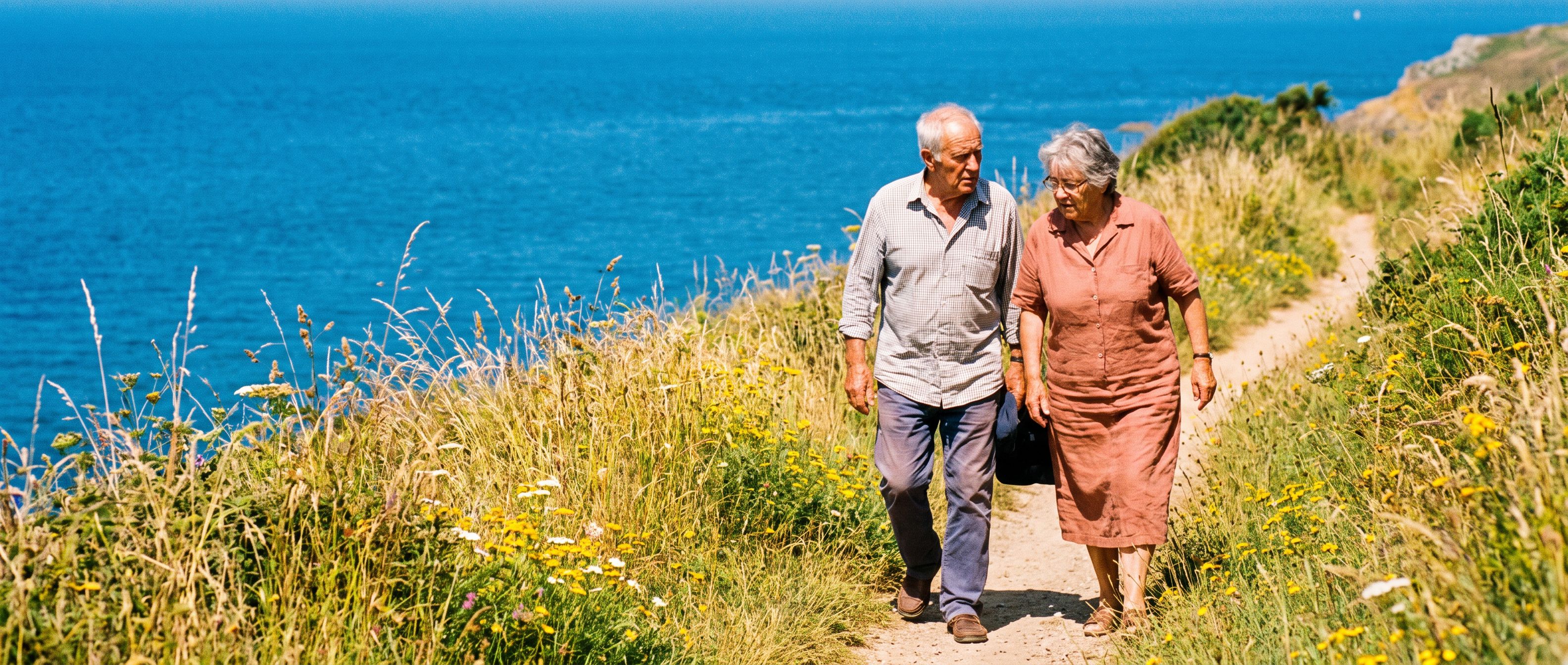 Sentier littoral fleuri par une belle matinée d’été, un couple de retraités marche au loin