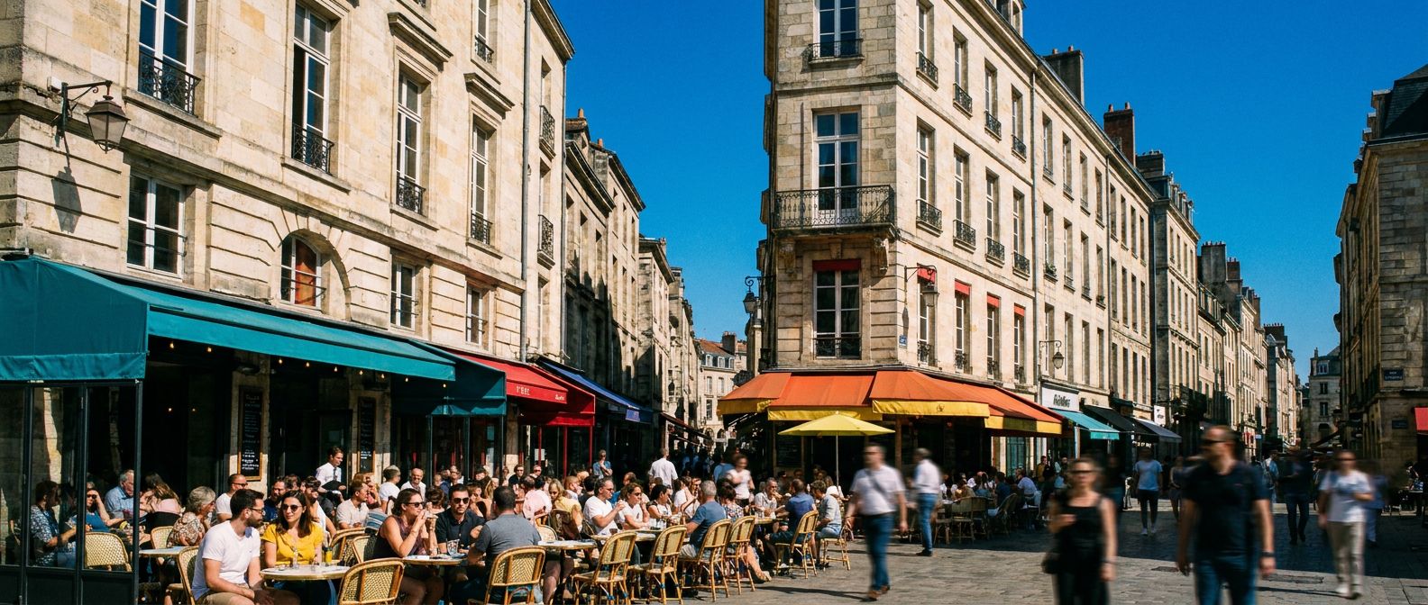 Rue commerçante d’un centre-ville français en plein soleil, terrasses de café occupées