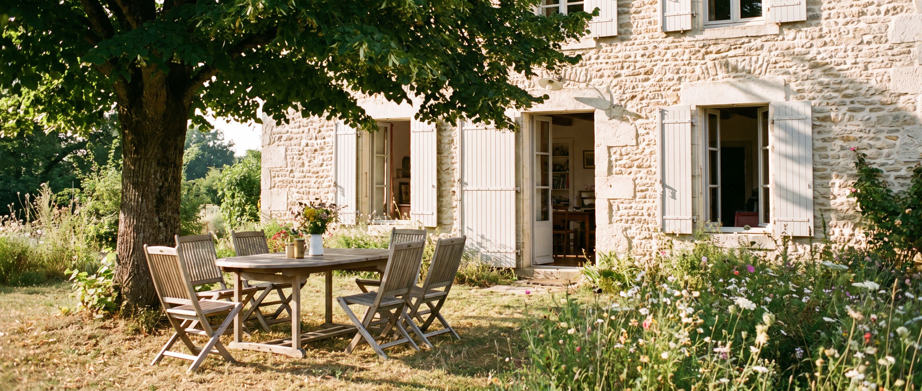 Maison de famille en pierre et son grand jardin fleuri un après-midi d’été, table dressée sous un tilleul