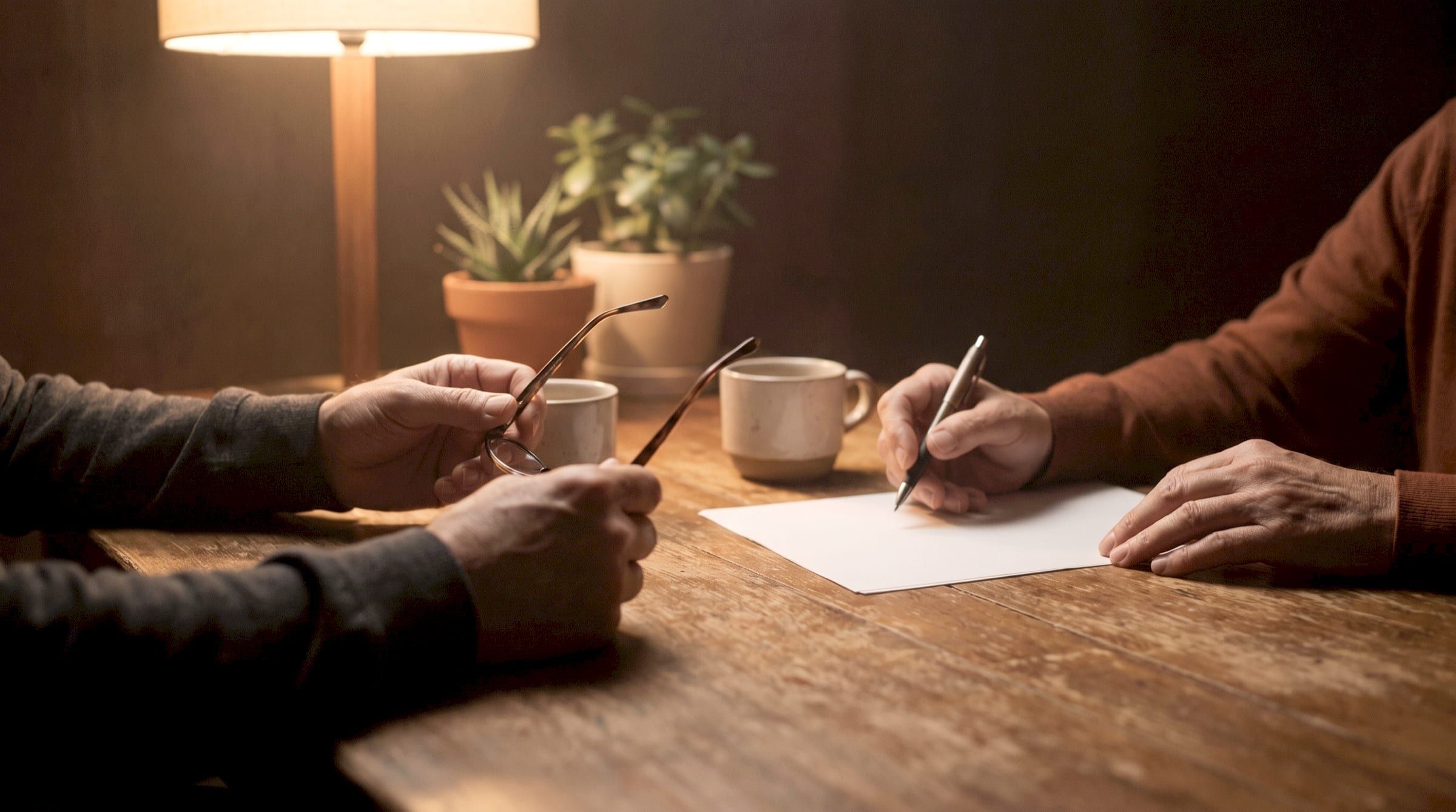 Les mains d’un couple posées sur une table en bois, une paire de lunettes et un stylo