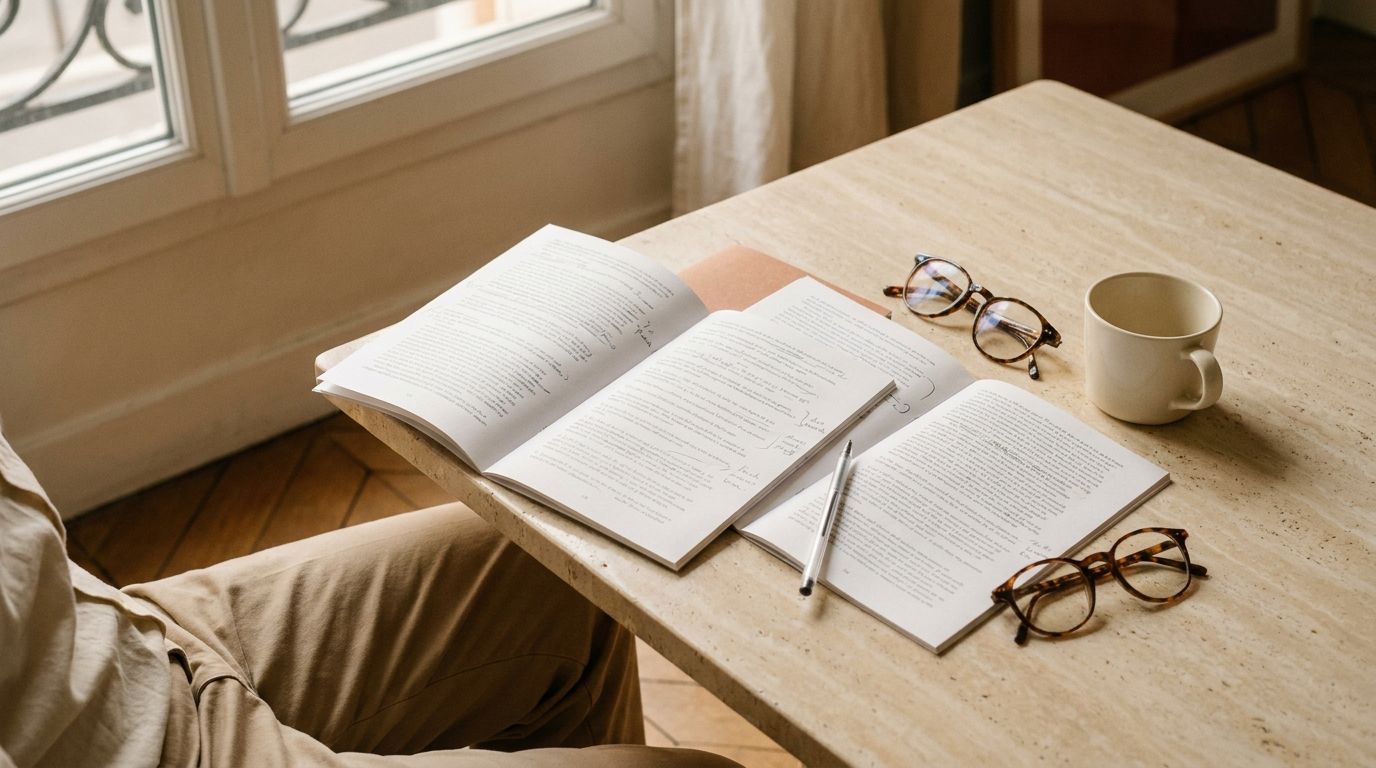 Trois livrets de contrats ouverts et annotés côte à côte sur une table près d'une fenêtre