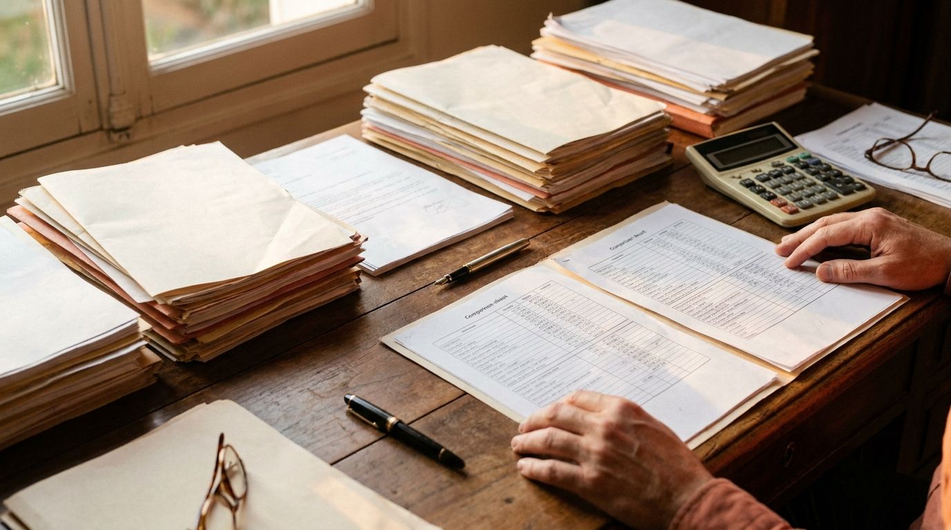 Des dossiers comparés côte à côte sur un bureau avec calculatrice