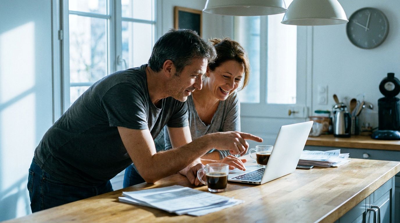 Un couple d'une quarantaine d'années consulte un courrier d'assurance dans sa cuisine