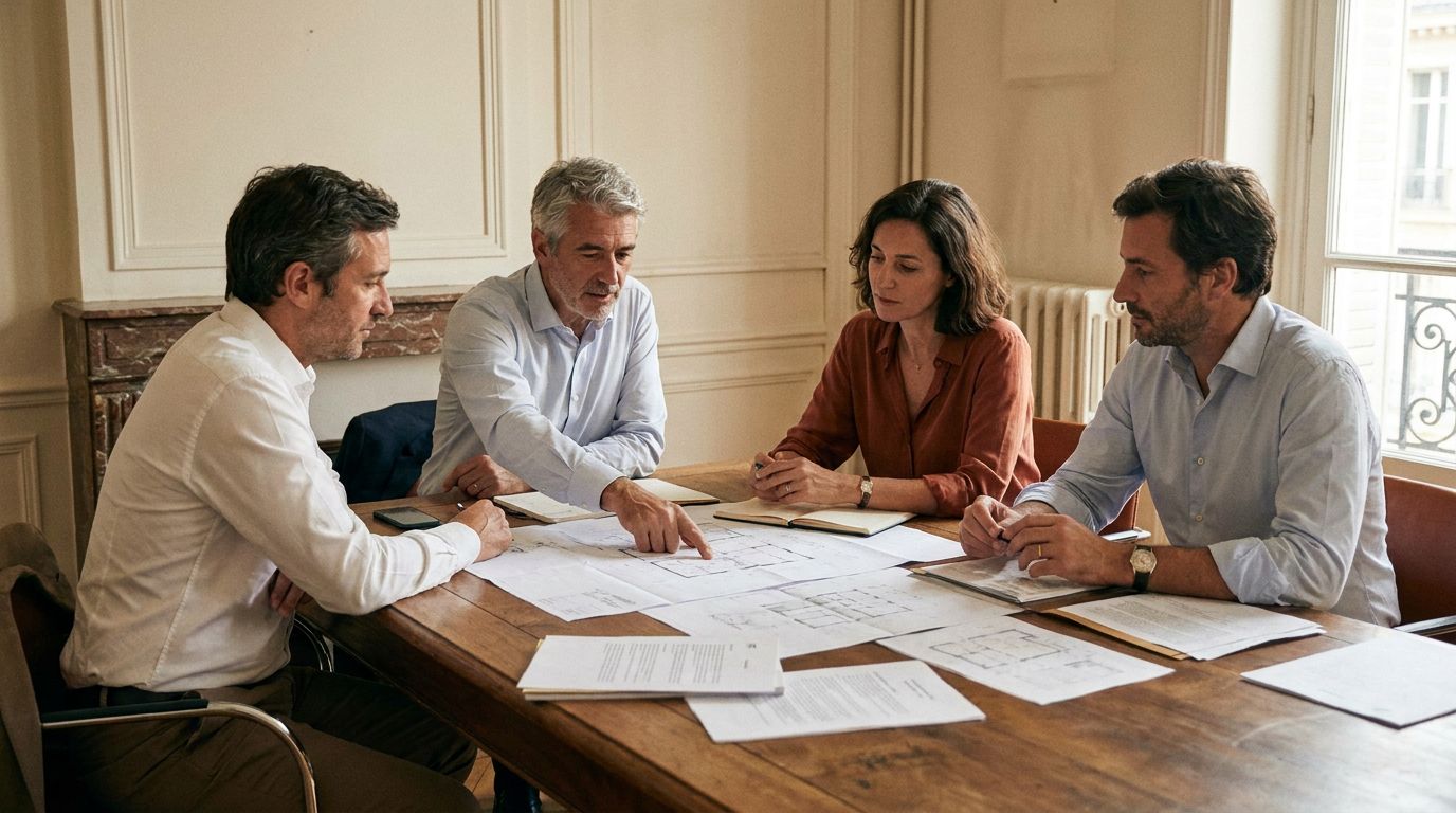 Un petit groupe d'investisseurs en réunion autour de plans d'immeuble