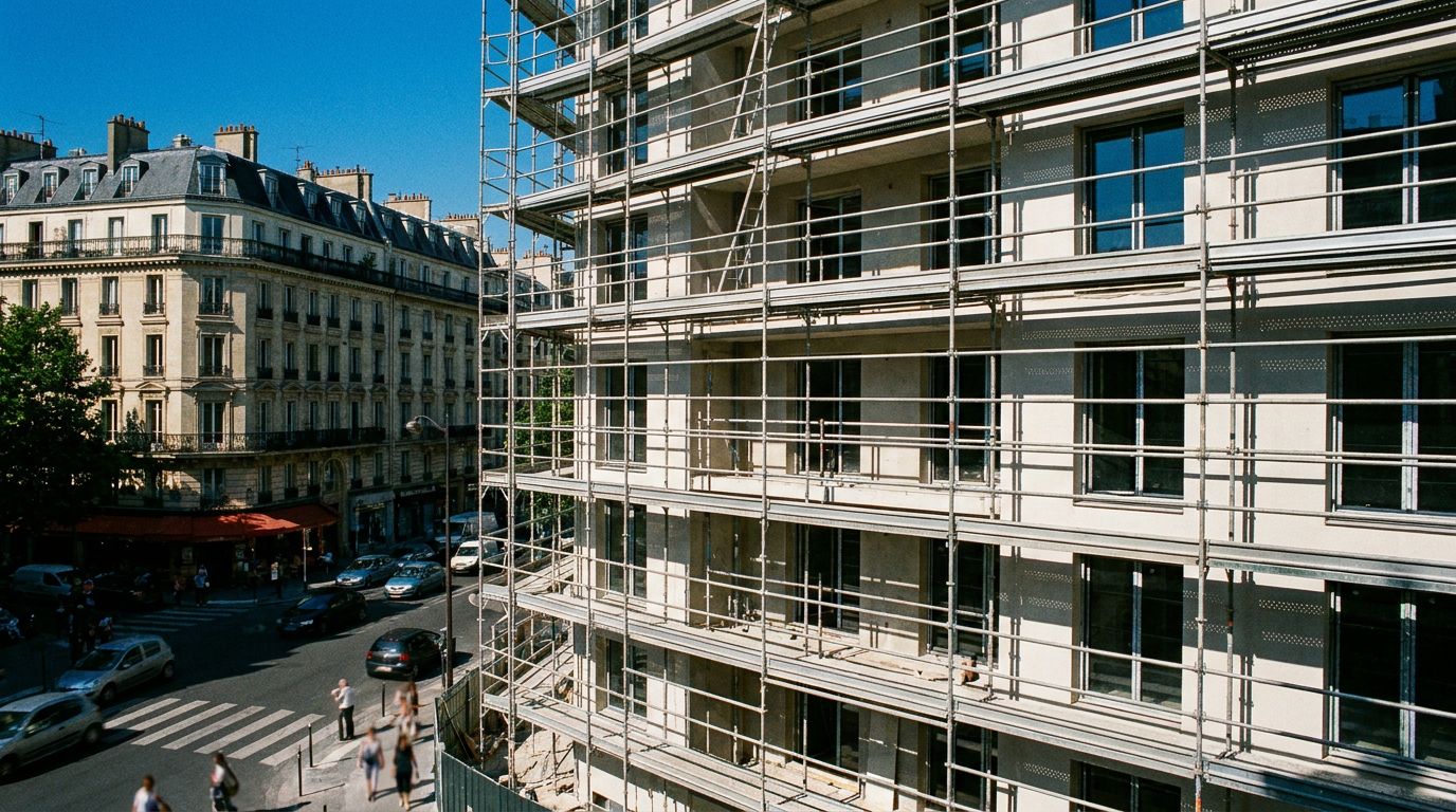 Un immeuble récent en finition devant des immeubles haussmanniens établis