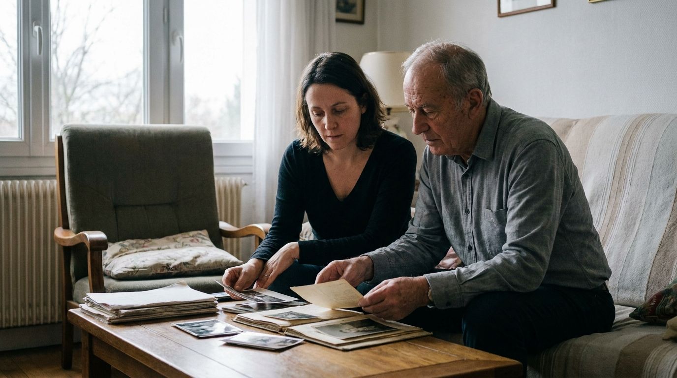 Un père d’environ 70 ans et sa fille adulte consultent des documents ensemble