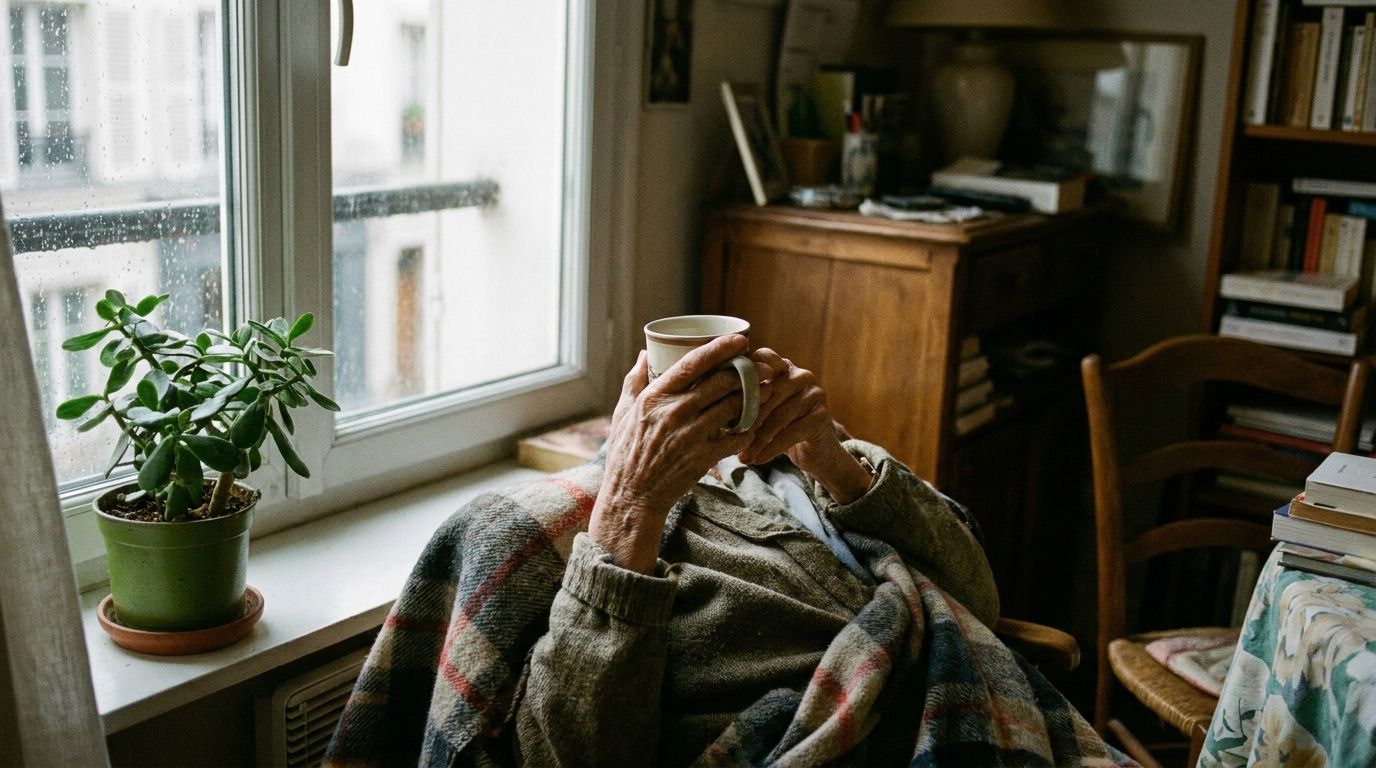 Les mains d’une personne âgée tiennent une tasse près d’une fenêtre lumineuse