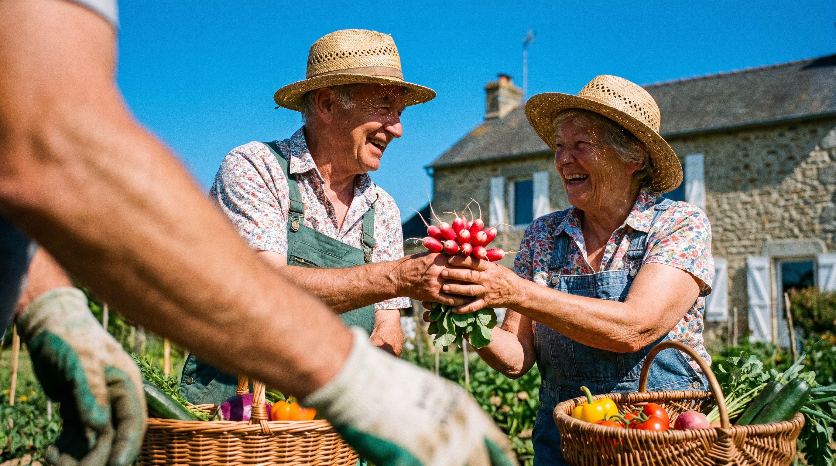 Un couple d’environ 70 ans, tout sourire, jardine dans son potager fleuri devant sa maison en pierre