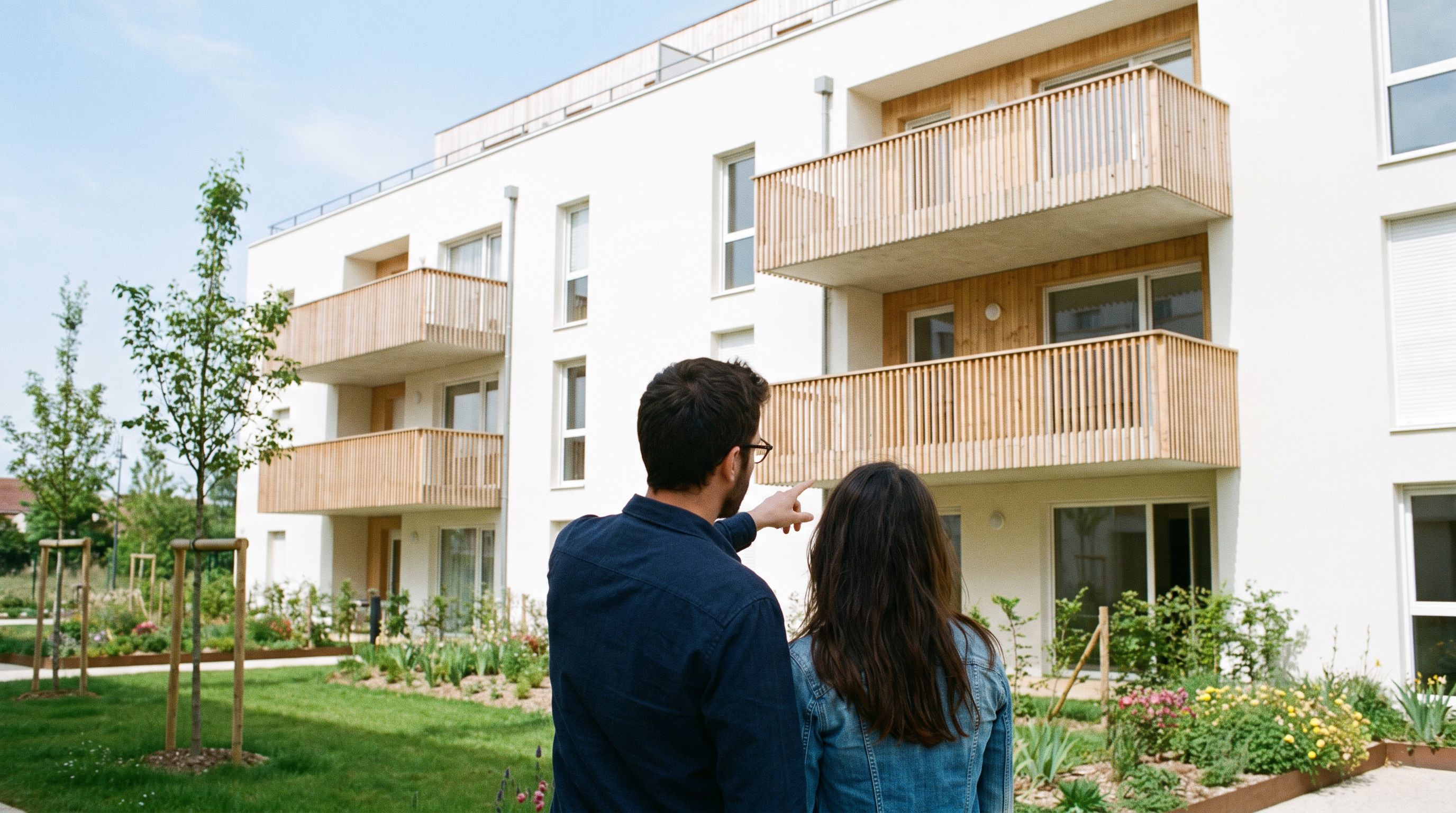 Résidence neuve aux balcons en bois clair et son jardin paysager, un couple de dos regarde la façade