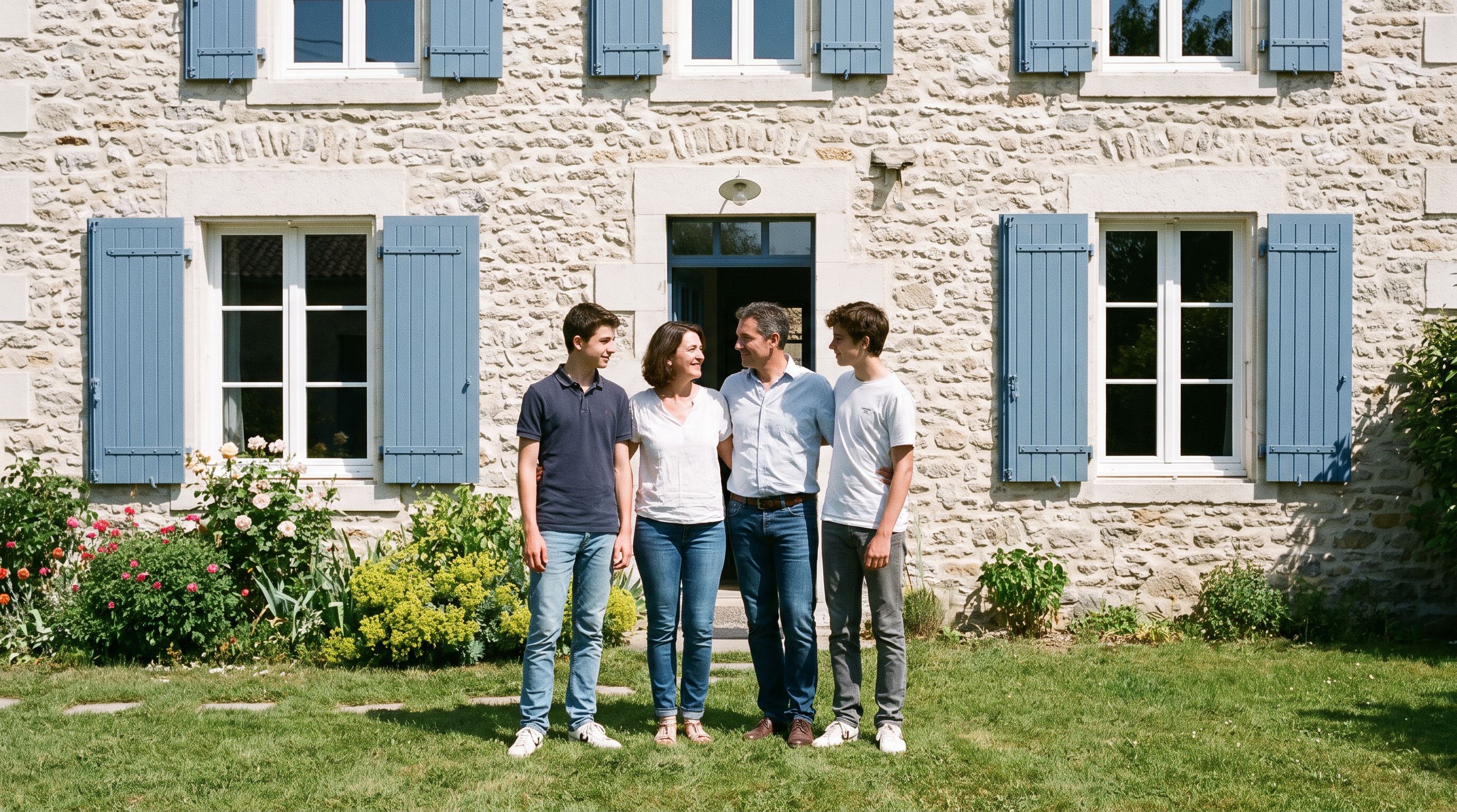 Une famille souriante devant la façade rénovée de sa maison de ville aux volets bleus, jardinet fleuri