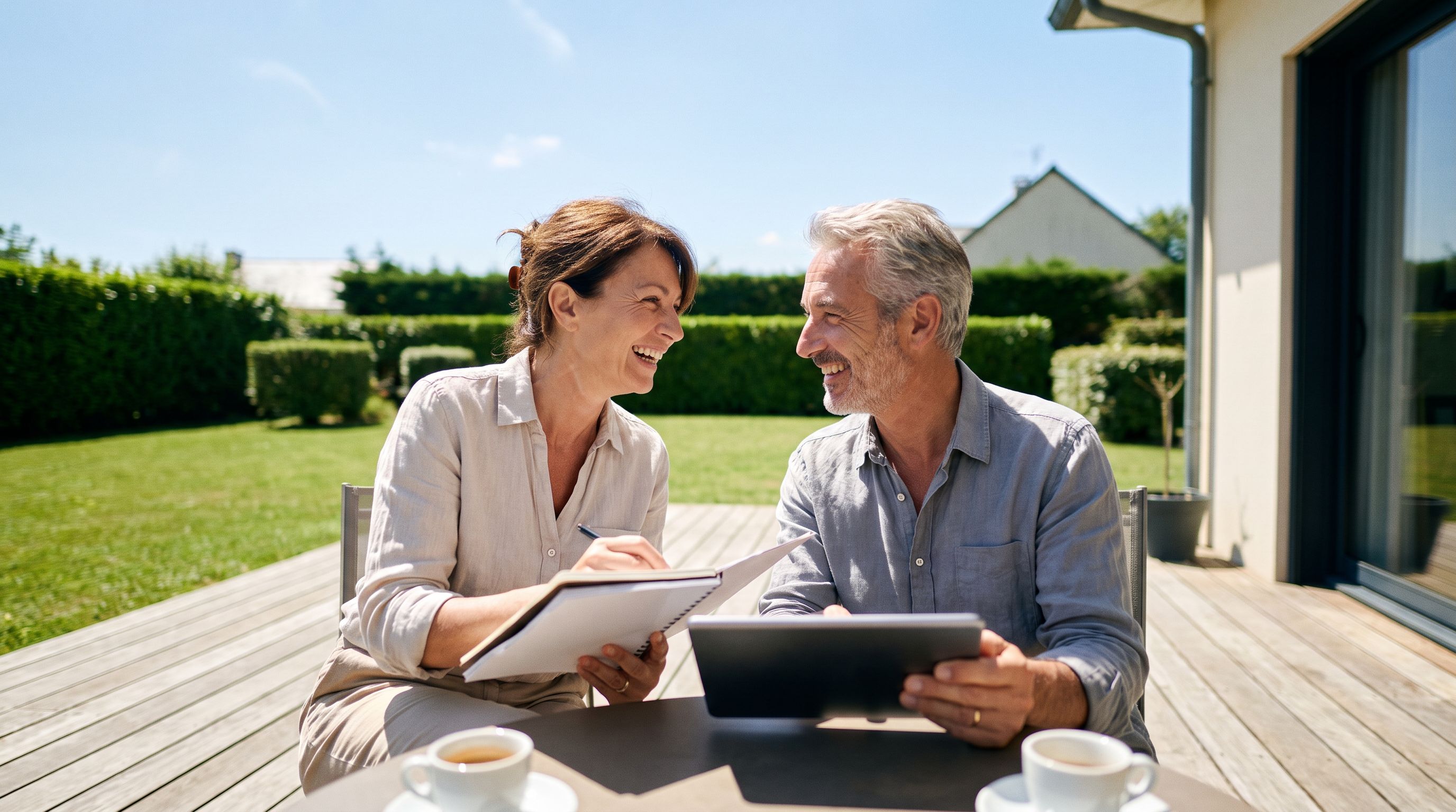 Un couple d’une cinquantaine d’années rit en consultant un carnet et une tablette sur la terrasse ensoleillée d’une maison contemporaine