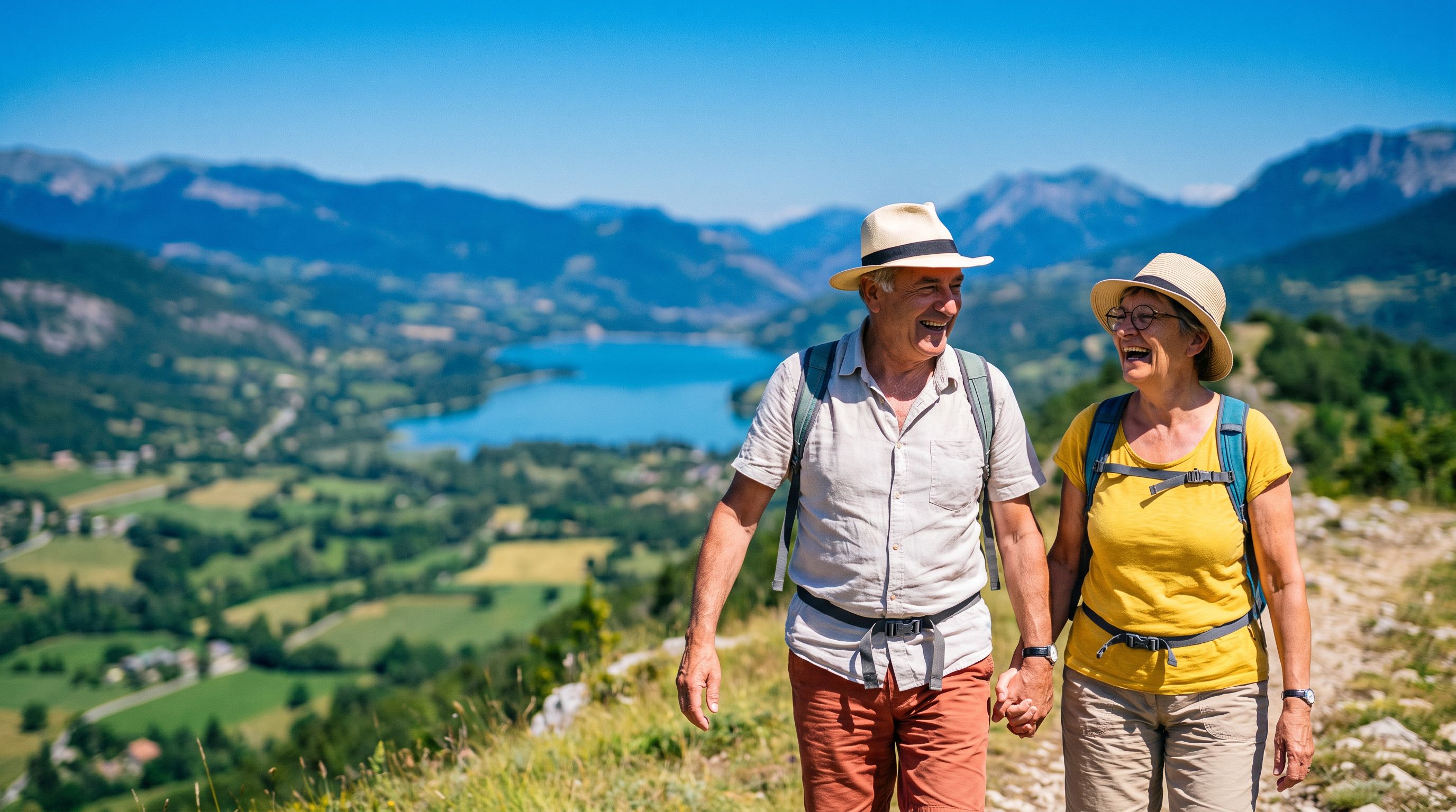 Un couple d’environ 65 ans marche main dans la main sur un chemin de crête dominant une vallée verte et un lac