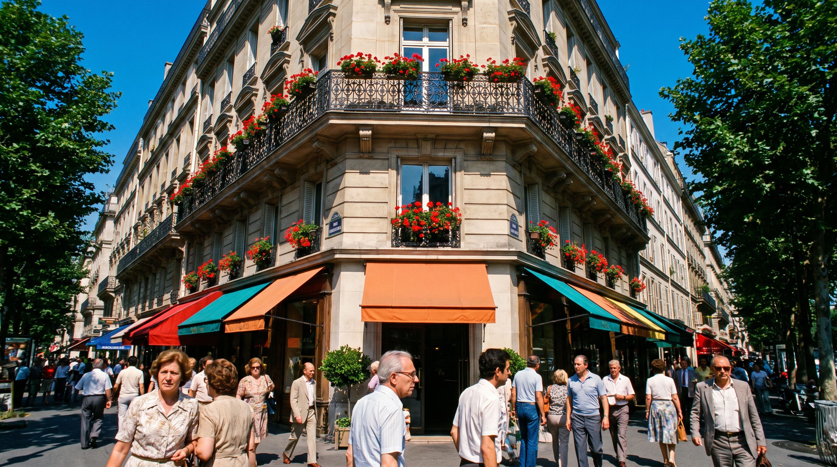 Immeuble haussmannien en pierre de taille au coin d’une rue ensoleillée, balcons en fer forgé fleuris de géraniums
