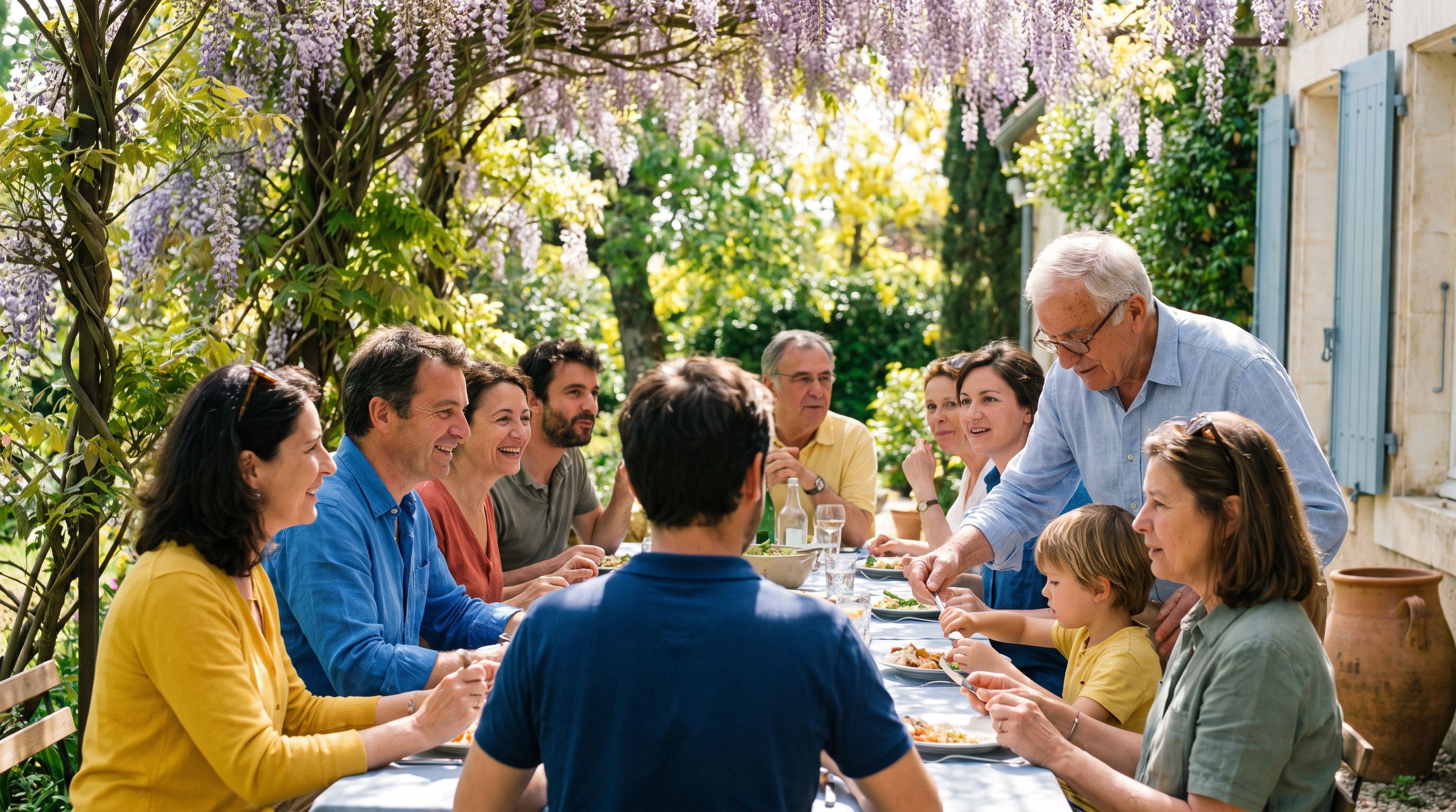 Grand repas de famille sur trois générations sous une tonnelle, dans un jardin en plein soleil
