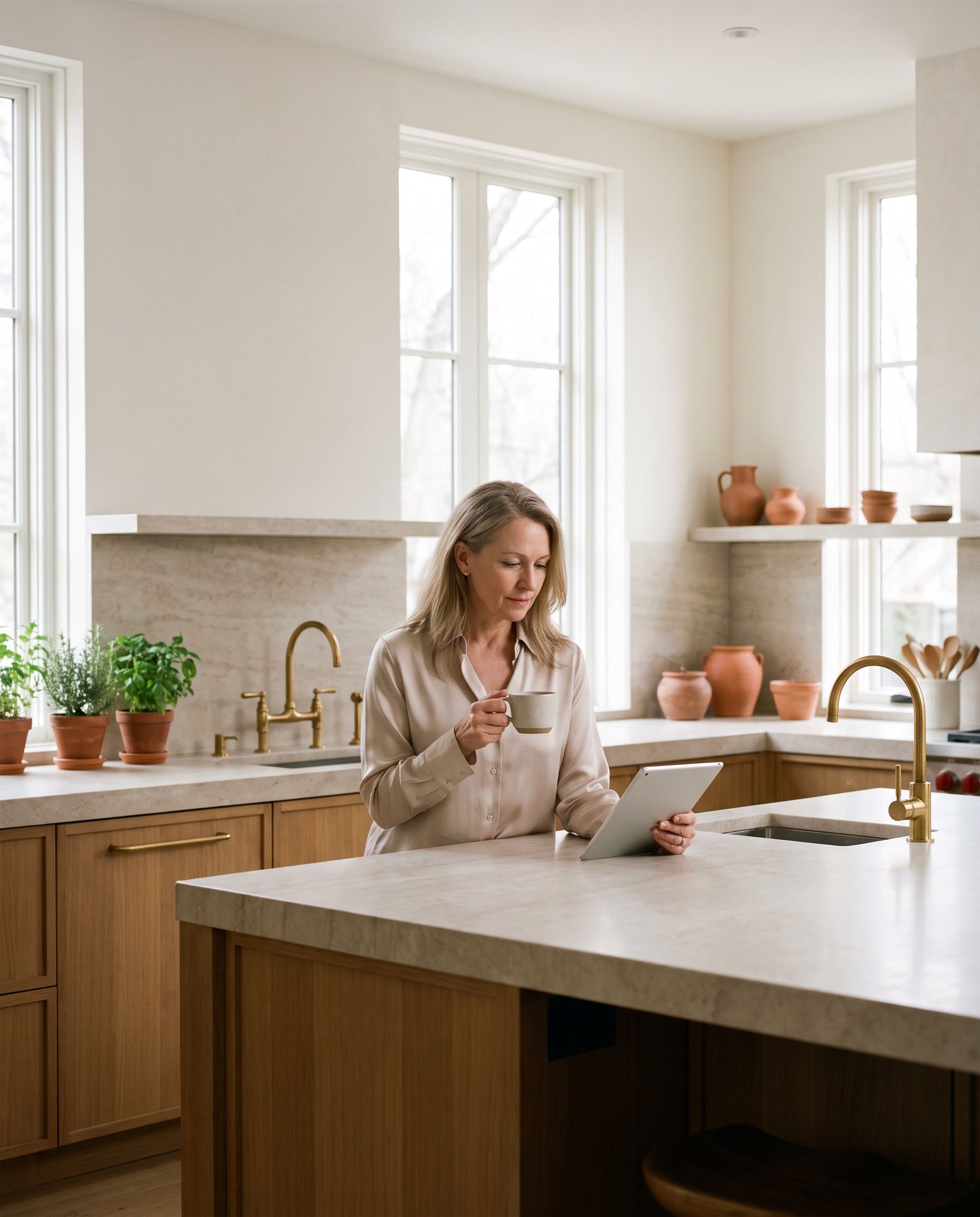 Une femme lit sur sa tablette, une tasse à la main, dans une cuisine lumineuse