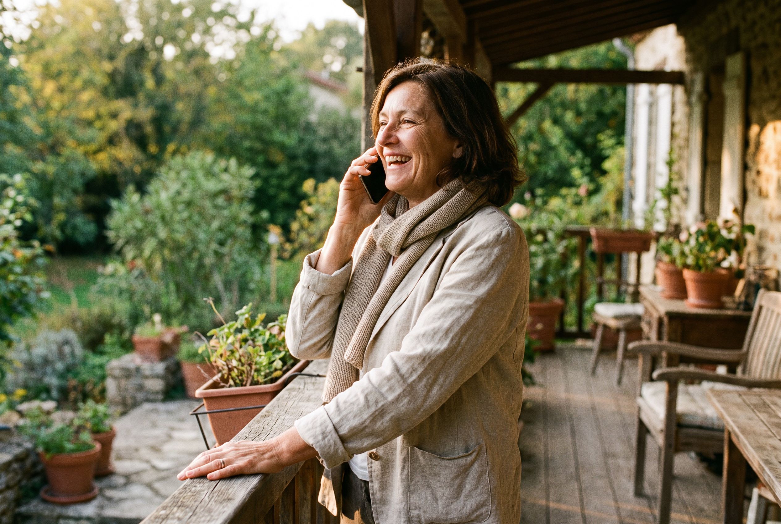 Une femme d'une soixantaine d'années, souriante, en appel téléphonique sur la terrasse de sa maison