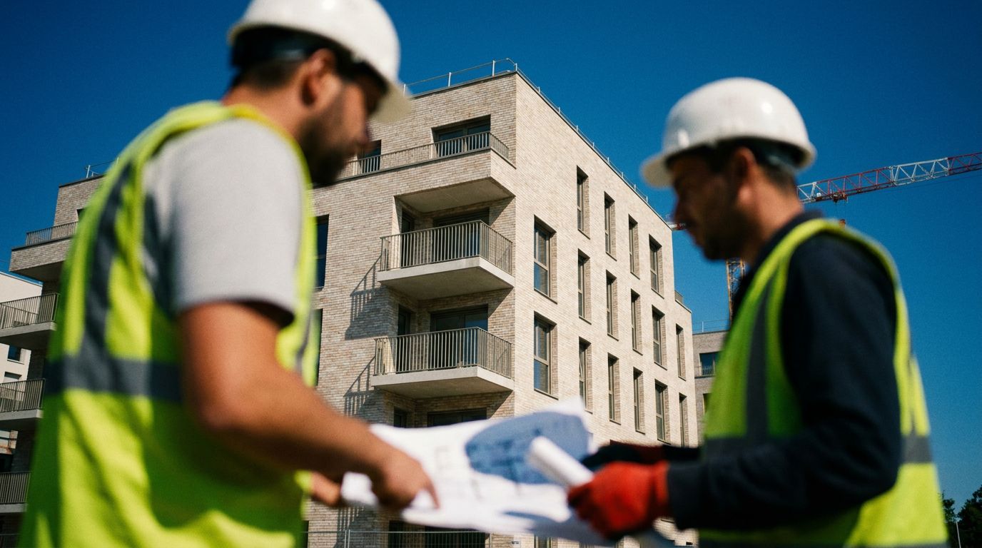 Chantier d'un immeuble résidentiel contemporain en fin de journée