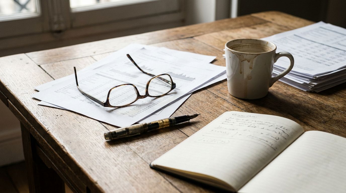 Documents financiers, lunettes et carnet de notes sur une table en chêne