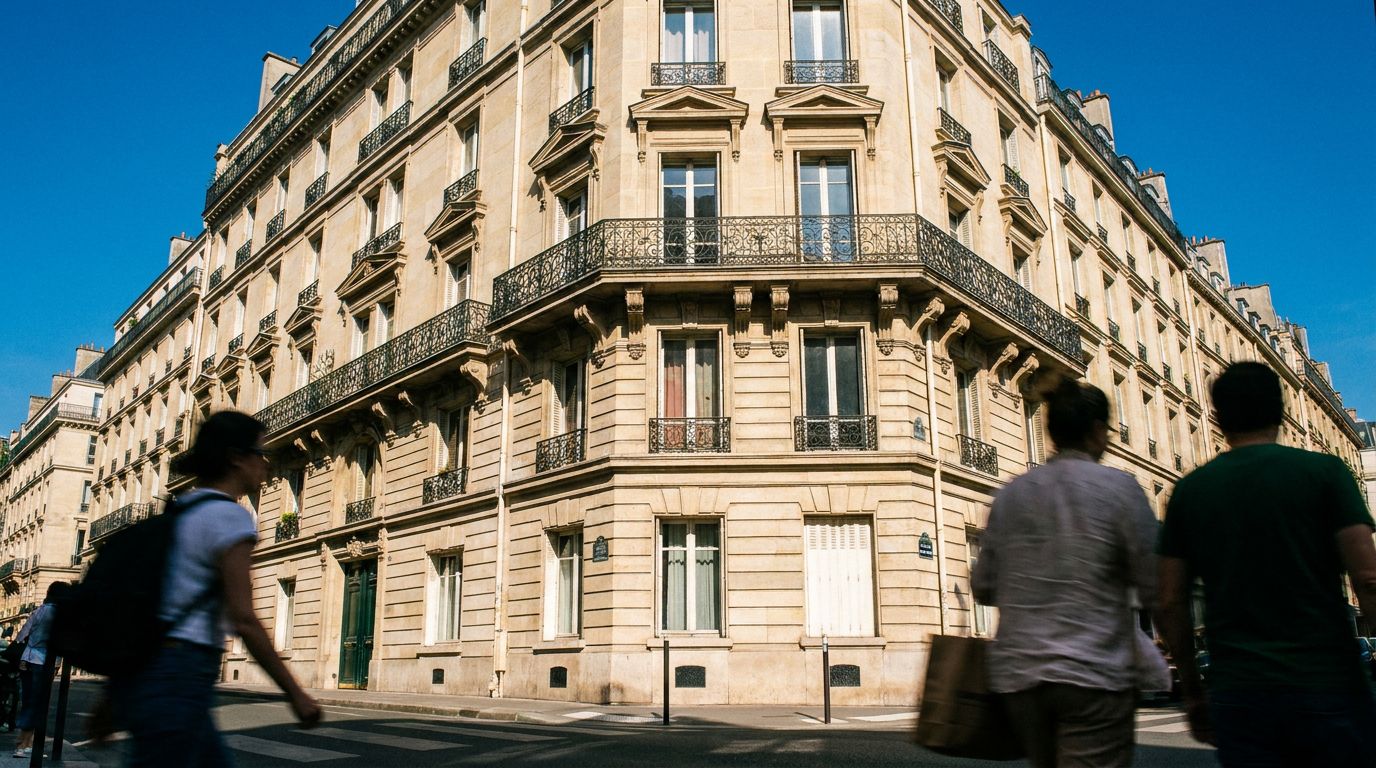 Façade d'immeuble haussmannien en pierre de taille à l'heure dorée